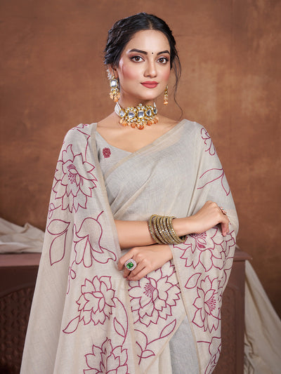 Indyancart GR Women's Sketch Beige & Wine Pure Mul Cotton Jamdani Saree