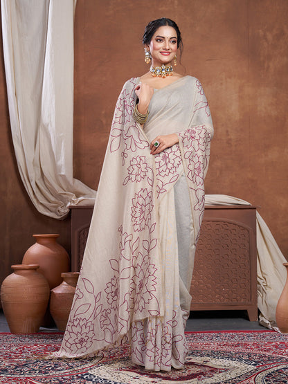 Dhiyona GR Women's Sketch Beige & Wine Pure Mul Cotton Jamdani Saree