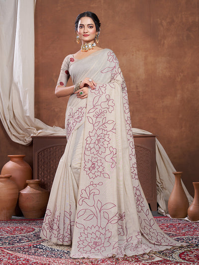 Indyancart GR Women's Sketch Beige & Wine Pure Mul Cotton Jamdani Saree