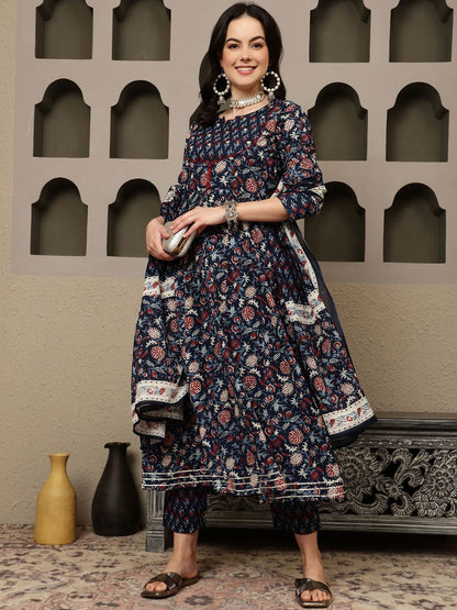 Indyancart SN Women's Navy Blue Floral Printed Pure Cotton Anarkali Kurta With Trousers & Dupatta