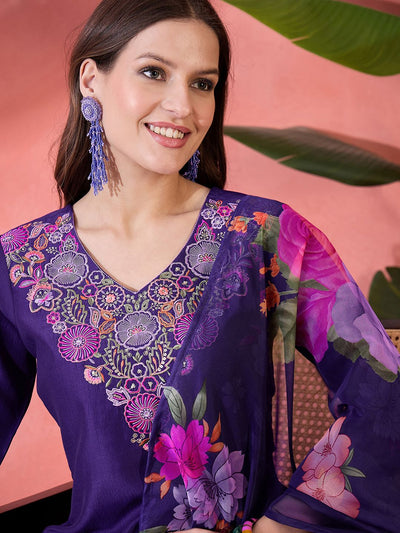 Indyancart SN Women's Purple Floral Embroidered V-Neck Sequinned Straight Kurta With Trousers & Dupatta