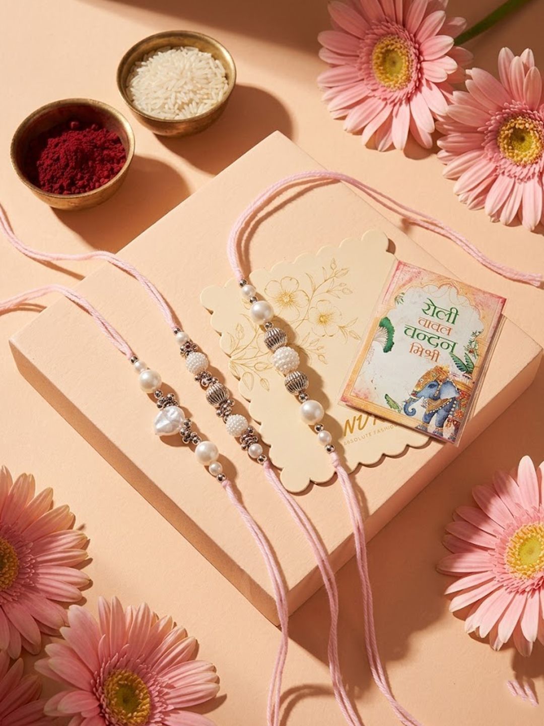 Anouk Set Of 3 White Pearls Thread Rakhi With Roli Chawal Chandan Mishri