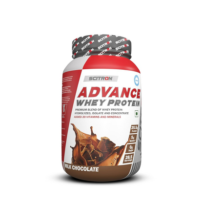 Scitron Advance Whey Protein health drink in milk chocolate flavor, showing the product bottle with chocolate flavor label.