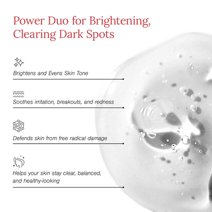 Juicy Chemistry 2% Alpha Arbutin and D-Gallic Acid face serum in a glass bottle with dropper for skincare.