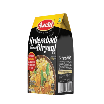 Aachi Hyderabadi Basmati Biryani Kit ready to cook, featuring rice, spices, and ingredients in a colorful package.