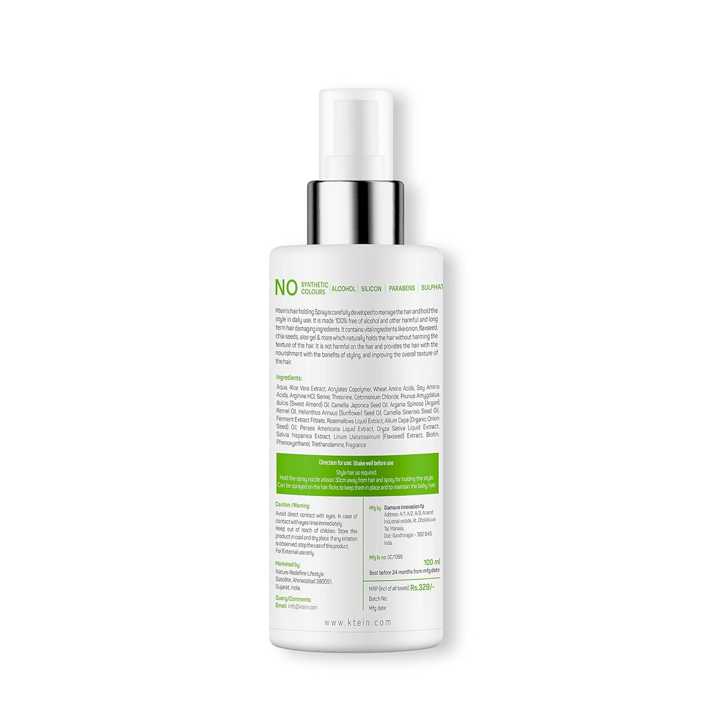Ktein natural hair holding spray without alcohol in a spray bottle, designed for firm, alcohol-free hair styling and hold