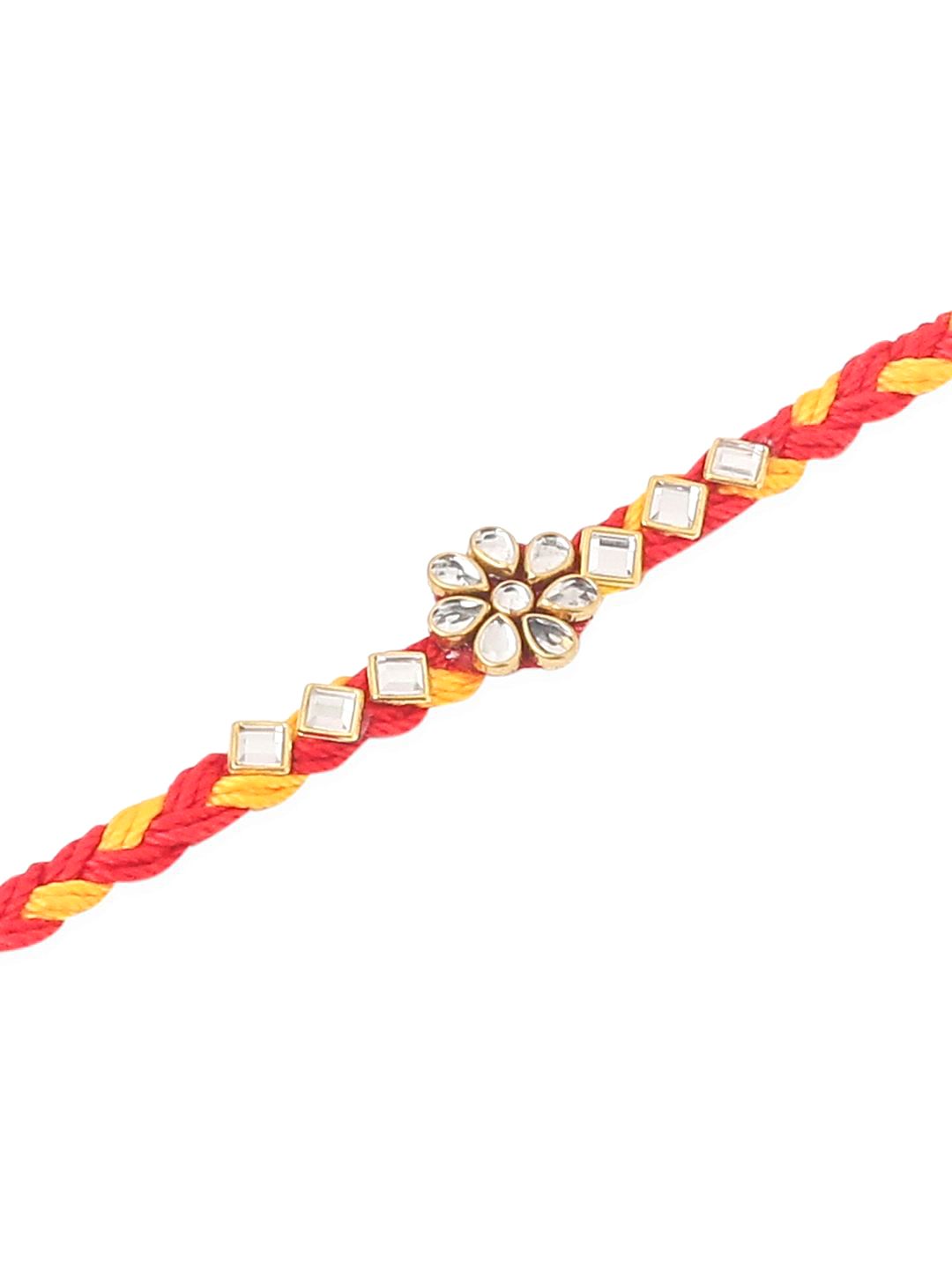 Anouk Men Set Of 3 Red & Yellow Kundan Studded Floral Design Thread Rakhi With Roli Chawal