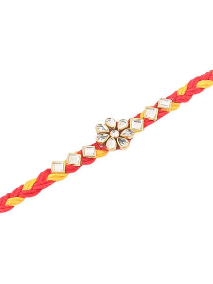 Anouk Men Set Of 3 Red & Yellow Kundan Studded Floral Design Thread Rakhi With Roli Chawal
