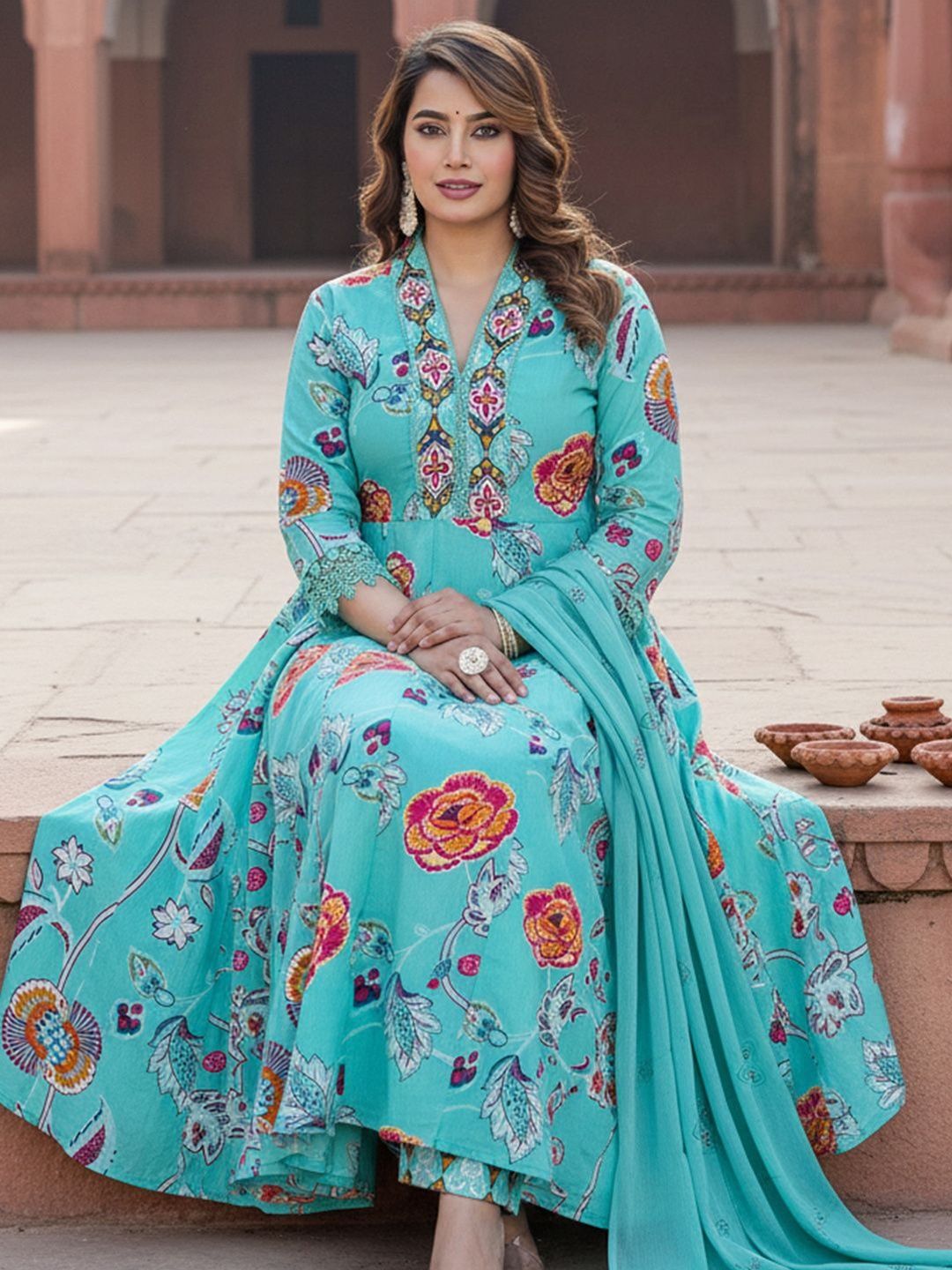 Floral Printed Tiered Mirror Work Pure Cotton Kurta With Trousers & Dupatta