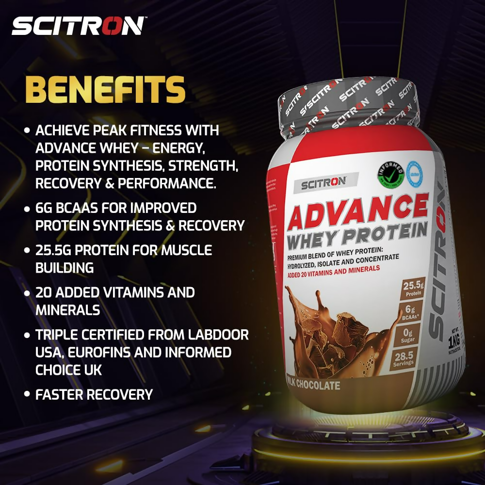 Scitron Advance Whey Protein health drink in milk chocolate flavor, showing the protein powder container with chocolate drink prepared.