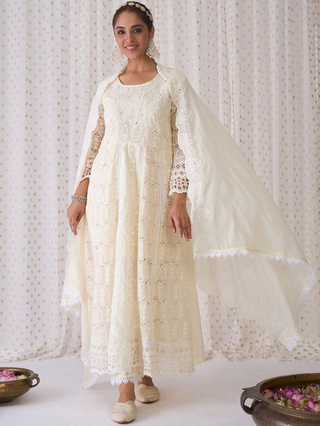 Indyancart IE Embroidered A-Line Mirror Work Pure Cotton Kurta with Trousers & Dupatta
