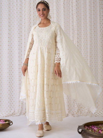 Indyancart IE Embroidered A-Line Mirror Work Pure Cotton Kurta with Trousers & Dupatta