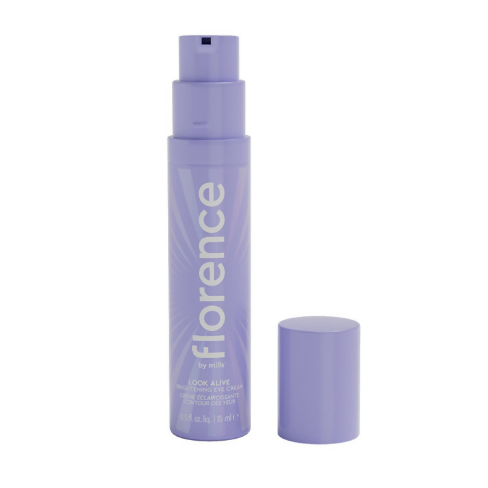Florence by Mills Look Alive Brightening Eye Cream in a small jar, showcasing its creamy texture and brightening formula.
