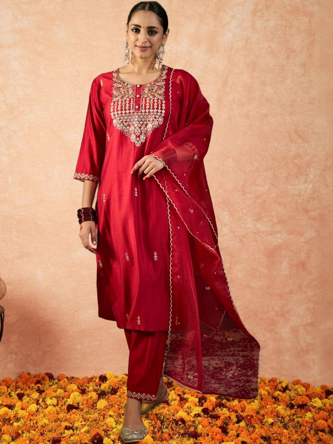 Women Ethnic Motifs Embroidered Regular Sequinned Liva Kurta with Trousers & With Dupatta
