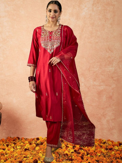 Indyancart IE Women Ethnic Motifs Embroidered Regular Sequinned Liva Kurta with Trousers & With Dupatta