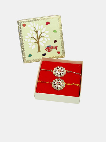 Anouk Kundan Studded & Beaded Floral Bhaiya Bhabhi Rakhi With Roli