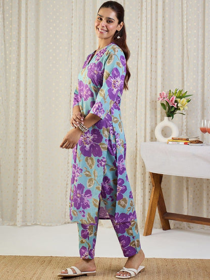 Floral Printed V-Neck Pure Cotton Straight Kurta With Trousers