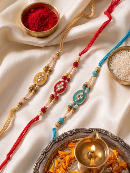 Anouk Set Of 3 Multicolor Artificial Beads & White Pearls Thread Rakhi With Roli Chawal