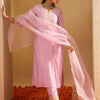 Dhiyona IE Floral Yoke Design Straight Sequinned Liva Kurta with Trousers & Dupatta