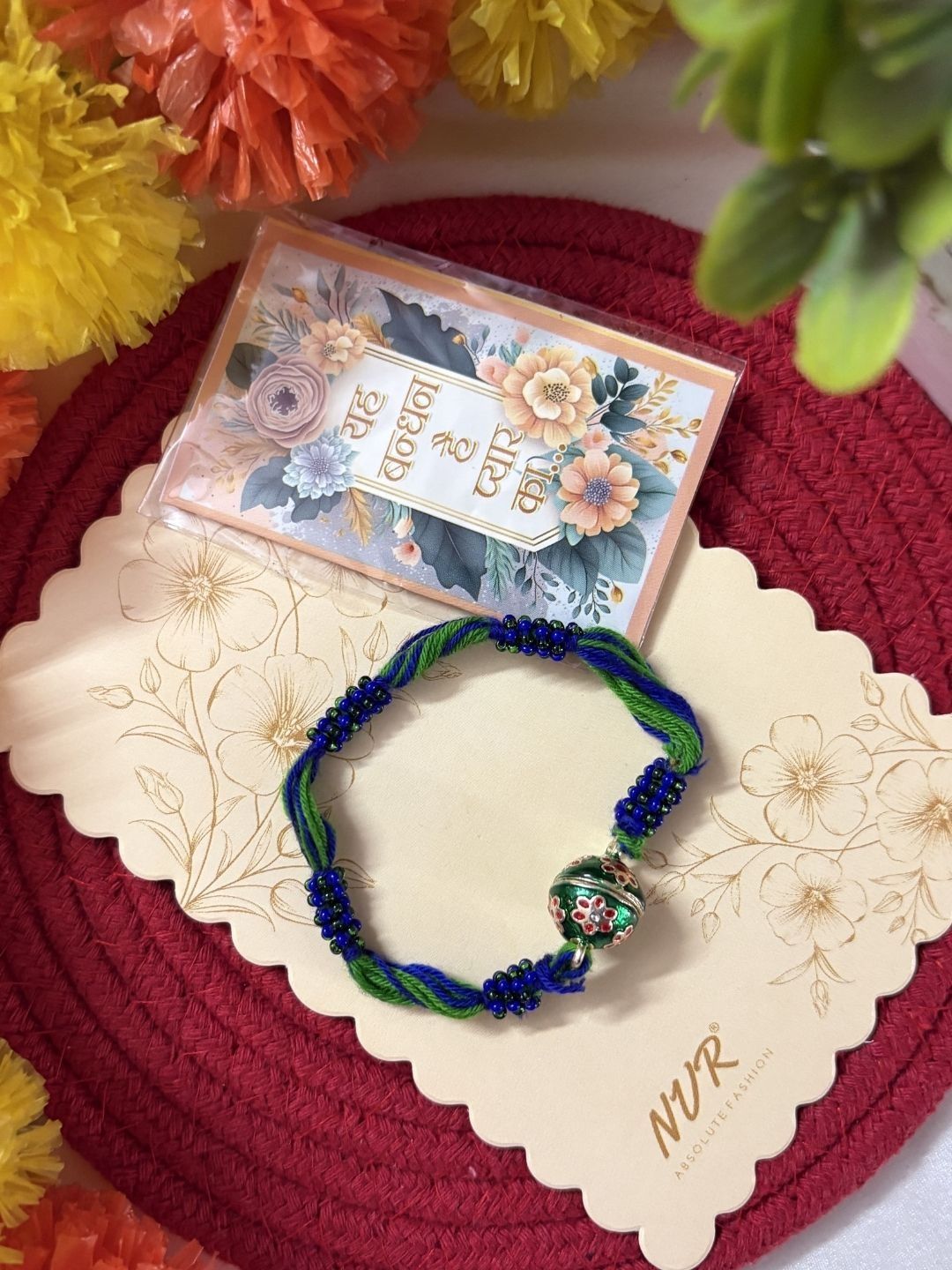 Anouk Magnetic Opening Blue Meenakari Work Thread Rakhi With Roli Chawal Chandan Mishri