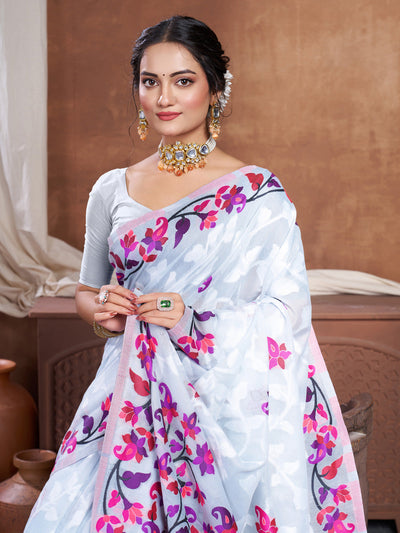 Indyancart GR Women's Suhani Grey Cotton Jamdani Saree