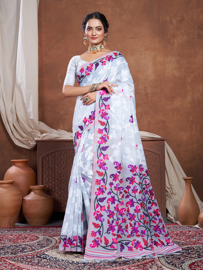 Indyancart GR Women's Suhani Grey Cotton Jamdani Saree