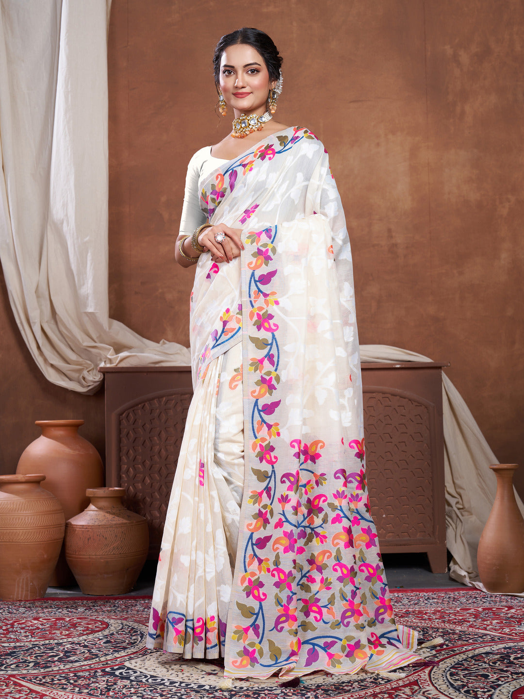 Dhiyona GR Women's Suhani Off-White Cotton Jamdani Saree