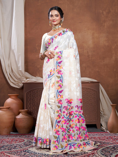 Indyancart GR Women's Suhani Off-White Cotton Jamdani Saree