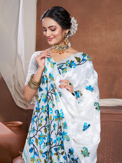 Indyancart GR Women's Suhani White Cotton Jamdani Saree