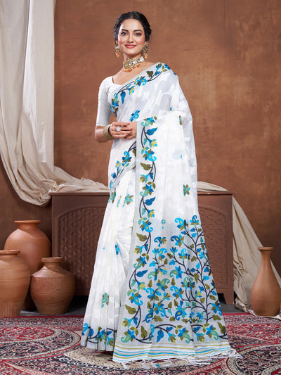 Indyancart GR Women's Suhani White Cotton Jamdani Saree