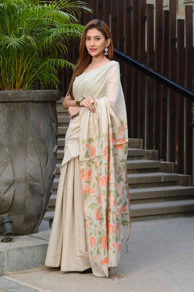 Indyancart GR Women's Sunflower Beige & Peach Mul Cotton Jamdani Saree