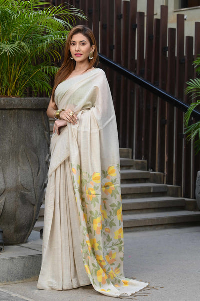 Indyancart GR Women's Sunflower Beige & Yellow Pure Cotton Jamdani Saree