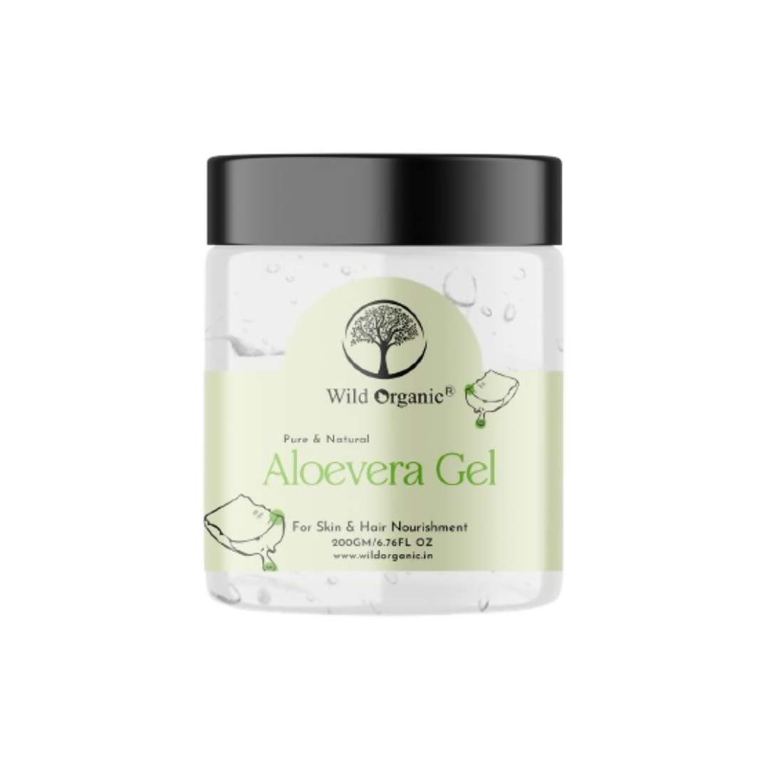 Wild Organic aloe vera gel for face, pure and natural, showing clear, fresh aloe vera plant and gel in a glass jar.