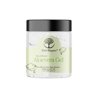 Wild Organic aloe vera gel for face, pure and natural, showing clear, fresh aloe vera plant and gel in a glass jar.