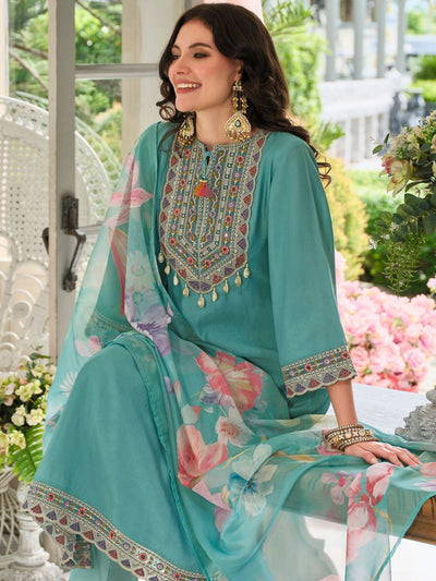Indyancart IE Women's Ethnic Motifs Embroidered Regular Mirror Work Kurta With Trousers & Dupatta