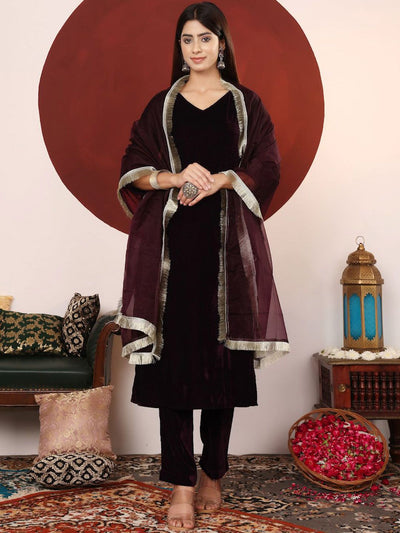 Indyancart VA Women'sGota Patti Lace Velvet Winter kurta with Trouser & Dupatta