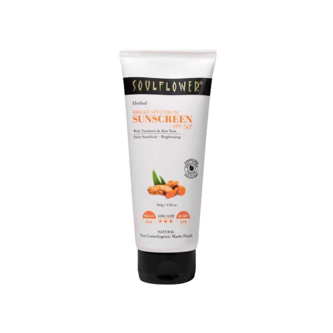 Soulflower broad spectrum SPF 50+ PA+++ sunscreen tube showing UV protection label and packaging details.