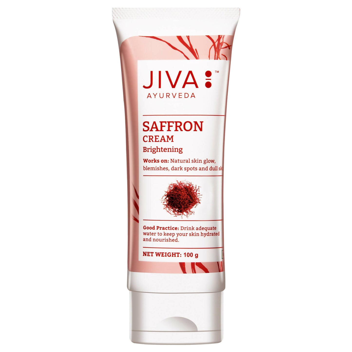 Jiva Ayurveda Saffron Face Cream jar showing creamy texture and saffron-infused formulation for skin brightening and nourishment