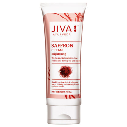 Jiva Ayurveda Saffron Face Cream jar showing creamy texture and saffron-infused formulation for skin brightening and nourishment