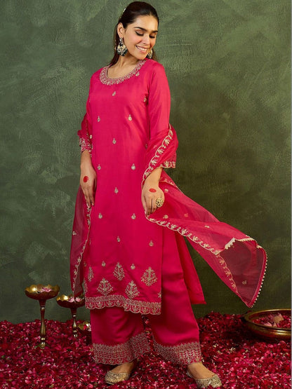 Indyancart IE Women Ethnic Motifs Embroidered Regular Thread Work Kurta with Palazzos & With Dupatta