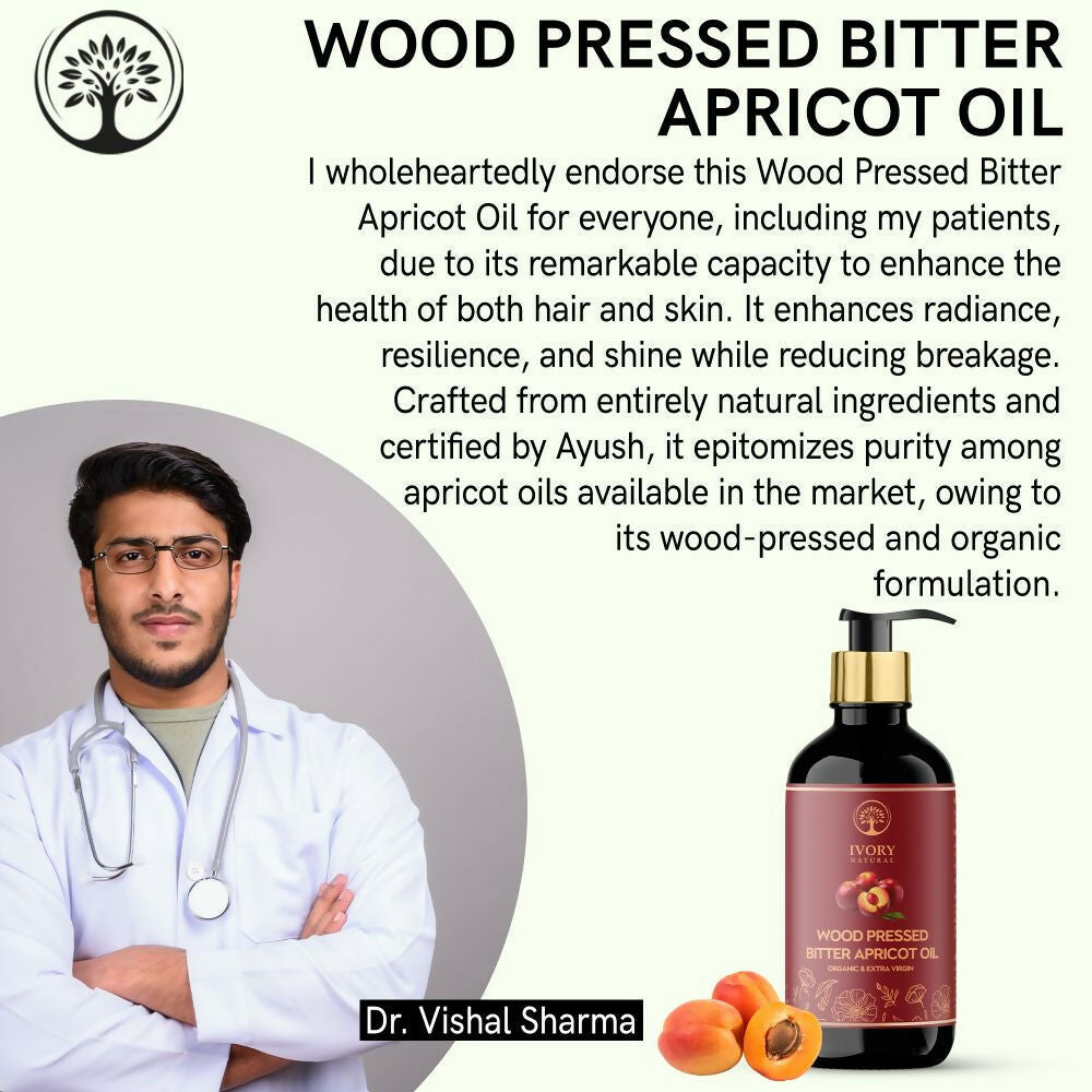 Ivory Natural pressed bitter apricot oil in a glass bottle, natural and organic hair oil for deep hydration and youthful glow