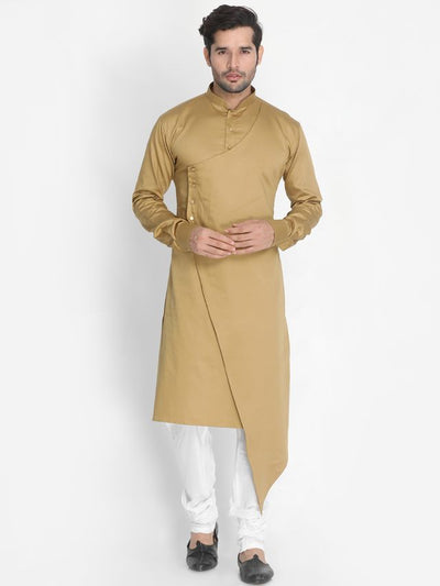 Men's Chiku Cotton Cotton Satin Asymmetric Kurta Pyjama Set