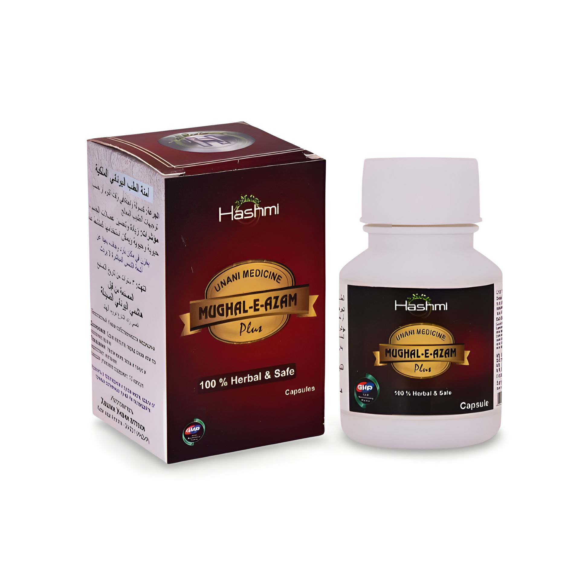 Hashmi Mughal E Azam Ayurvedic capsules in a plastic bottle, showcasing the herbal supplement packaging.