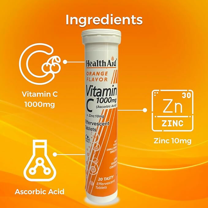 HealthAid Vitamin C 1000mg orange-flavored effervescent Ayurvedic tablets with zinc, displayed in a glass and packaging.