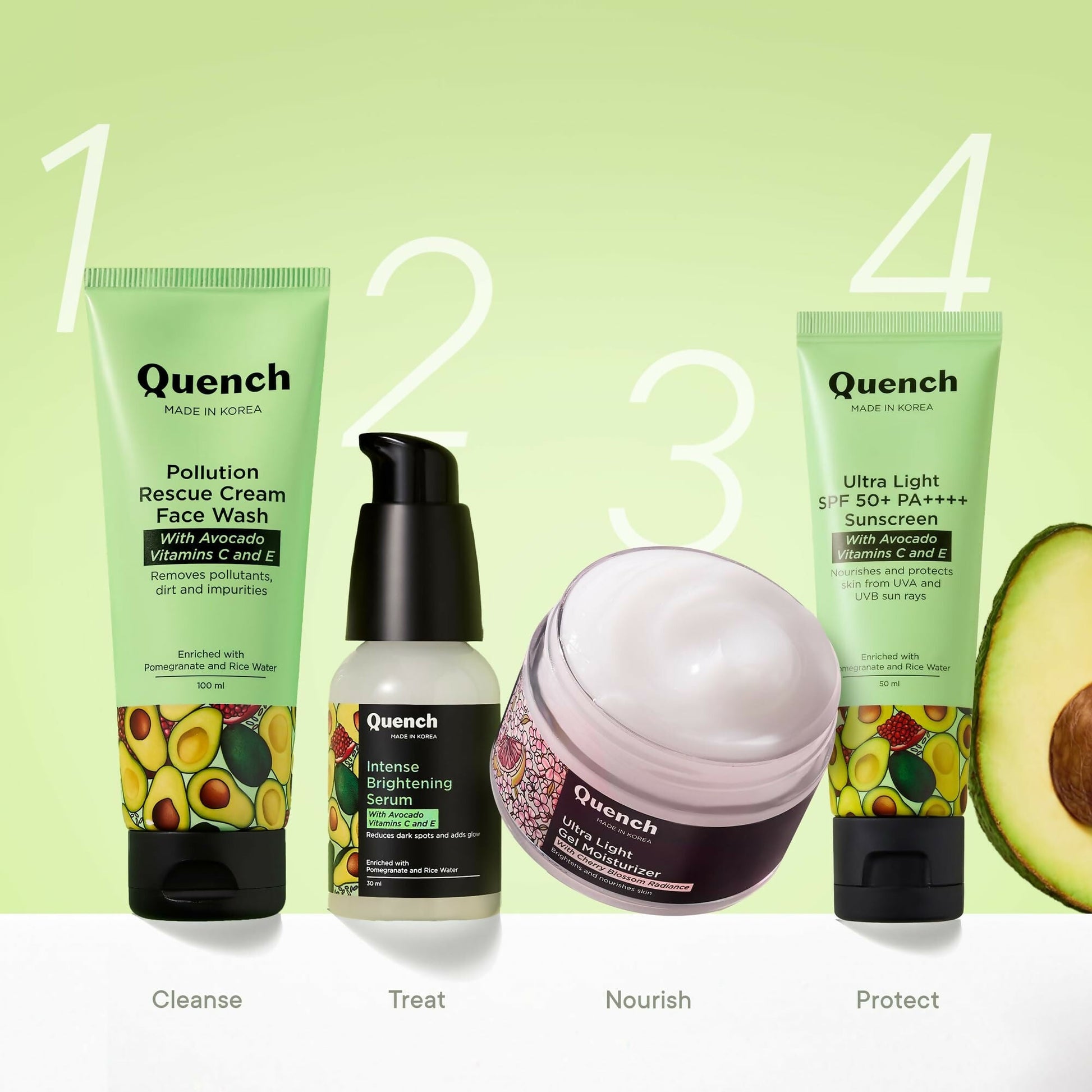 Quench Vitamin E Ultra Light SPF 50+ PA++++ sunscreen bottle with a white cap and clear label, designed for glowing skin.