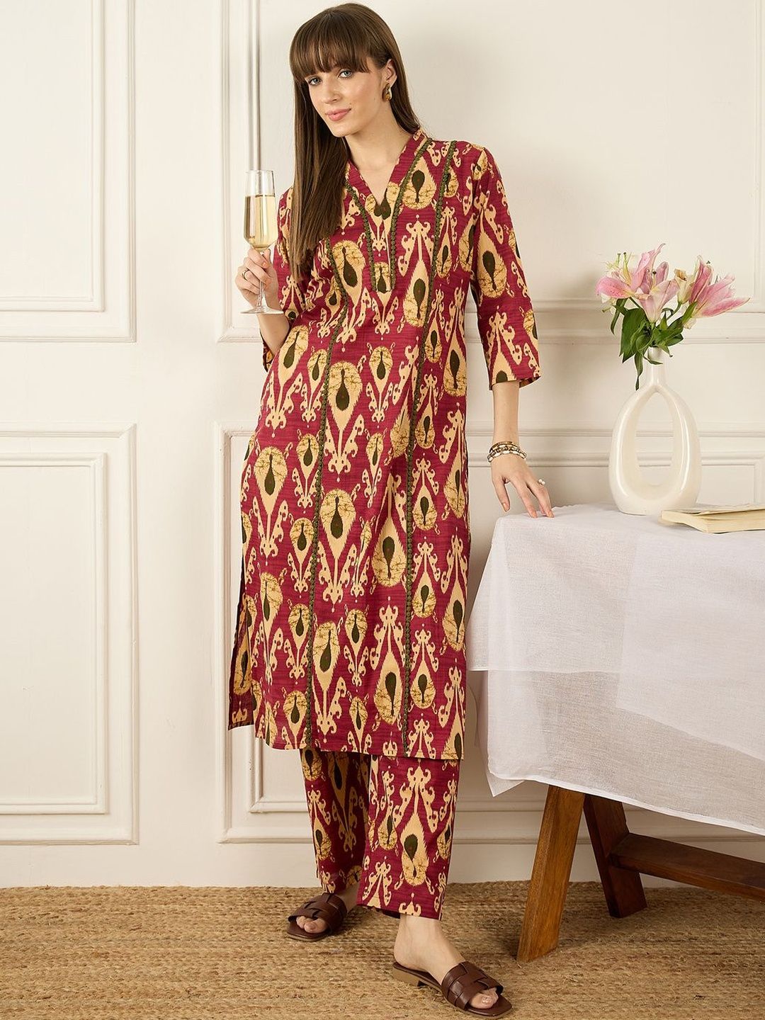 Floral Printed Thread Work Pure Cotton Kurta With Palazzos