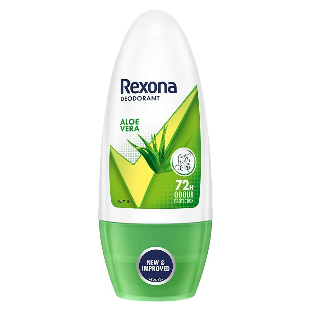 Rexona Aloe Vera underarm roll-on deodorant for women, showing the white bottle with green aloe vera label.
