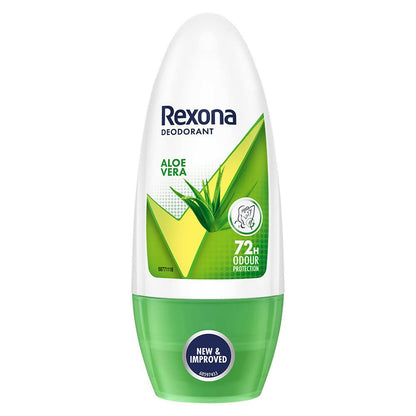 Rexona Aloe Vera underarm roll-on deodorant for women, showing the white bottle with green aloe vera label.