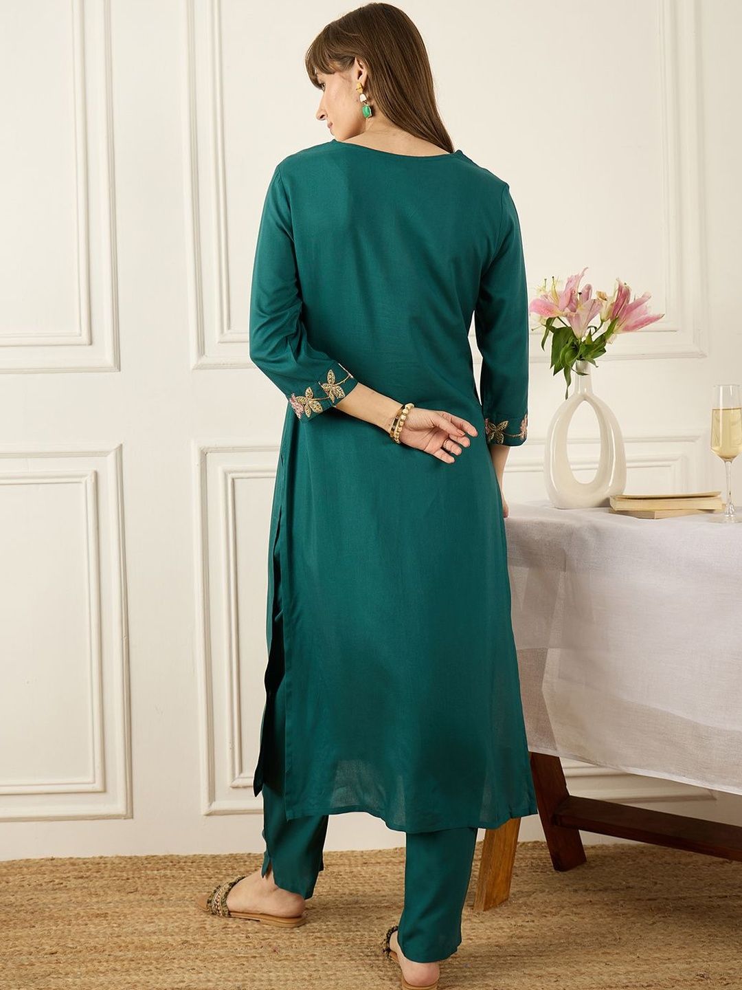 Floral Printed Thread Work Pure Cotton Kurta With Palazzos