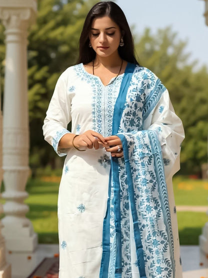 Women Ethnic Motifs Embroidered Pure Cotton Kurta with Trouser & Dupatta